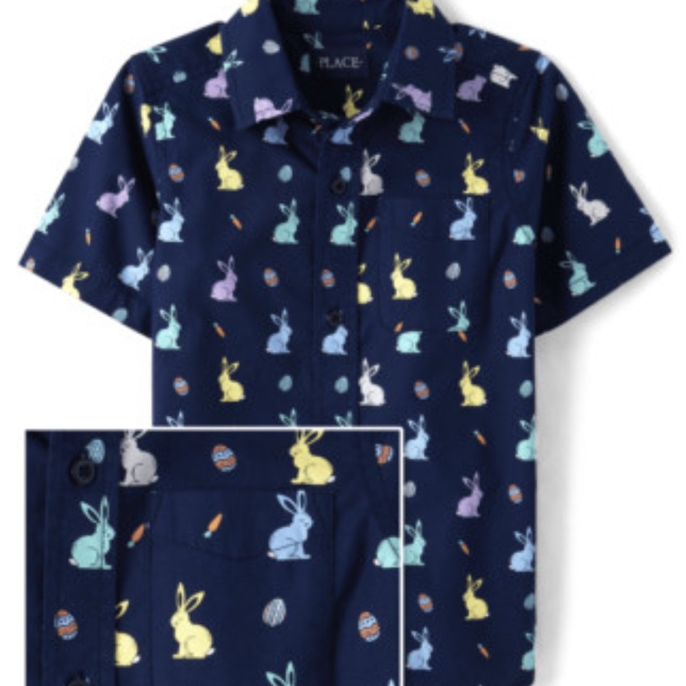 Children's Place Boys Navy Blue Easter Bunny Poplin Button Up Shirt size 7/8 - Picture 2 of 5